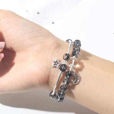 Vòng 2 line đá thạch anh tóc đen phối charm trăng sao mệnh thủy, mộc - Ngọc Quý Gemstones