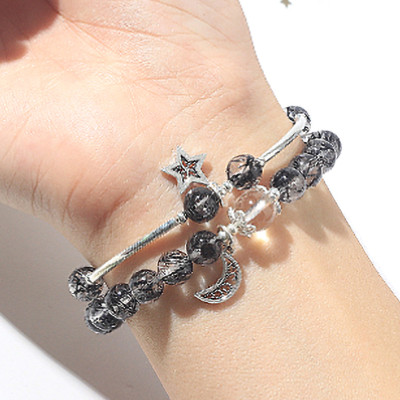 Vòng 2 line đá thạch anh tóc đen phối charm trăng sao mệnh thủy, mộc - Ngọc Quý Gemstones