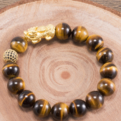 Vòng Tay Nam Đá Mắt Hổ Vàng Nâu Phối Tỳ Hưu Bạc Mạ Vàng 24K Ngọc Quý Gemstones