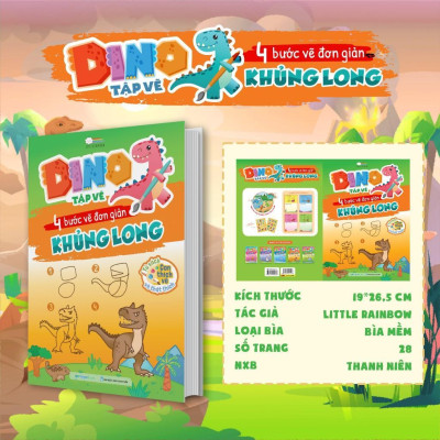 Sách - Dino Tập Vẽ - 4 Bước Tập Vẽ Đơn Giản Cho Bé - 10 Trang Stickers - Megabook