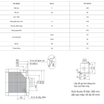 Quạt hút âm trần nối ống gió Mitsubishi VD-15Z4T6 12W Made in ThaiLand HÀNG CHÍNH HÃNG 
