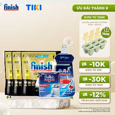 Combo 3 Viên rửa chén Finish Ultimate 18 viên + Nước làm bóng 500ml + Muối rửa chén 1kg