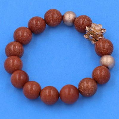 Vòng đeo tay Đá Kim Sa Nâu 12 ly - Vòng Hoa Sen vàng hồng phối 2 bi - hợp mệnh Kim, mệnh Thổ