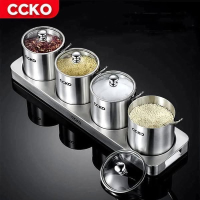 Set 4 hũ đựng gia vị CCKO inox 304 nắp thủy tinh kèm khay Hàng chính hãng