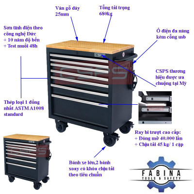 Tủ dụng cụ 7 ngăn kéo mặt gỗ màu đen mờ