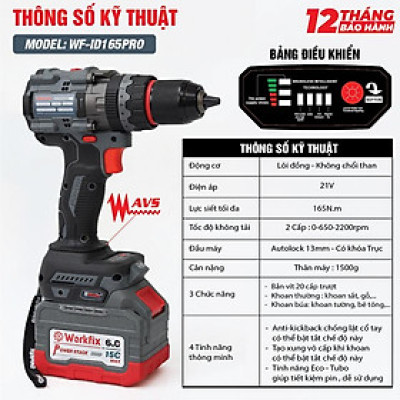 Máy Khoan 3 Chức Năng 165N.m Workfix - WF-ID165PRO - Đầu Kẹp 13mm Auto Lock - Anti Kickback - Có Tạo Xung Vô Cấp - Tính Năng Eco-Tubo  - Brushless Motor - Chân Pin Phổ Thông - 2 Pin 15 Cell - Có Tay Cầm Trợ Lực 