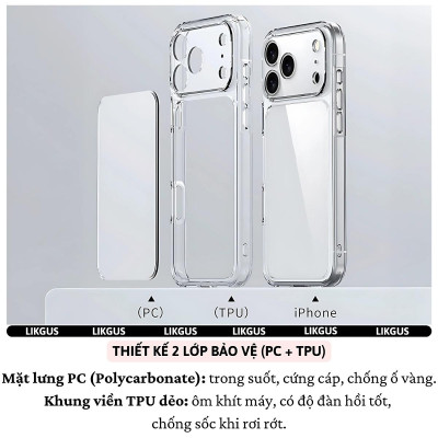 ốp lưng trong suốt bảo vệ viền camera cho iPhone 17 Pro Max / 17 Pro / 17 Air / 17 hiệu Likgus Lin Camshield - Chống sốc