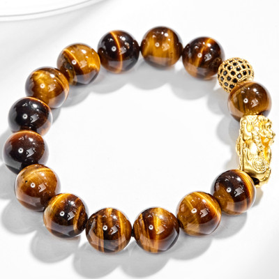 Vòng Tay Nam Đá Mắt Hổ Vàng Nâu Phối Tỳ Hưu Bạc Mạ Vàng 24K Ngọc Quý Gemstones