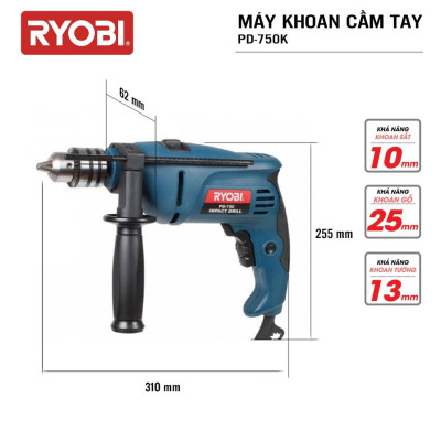 Bộ máy khoan cầm tay đa năng điện 750W RYOBI (KYOCERA) - PD-750K (Kèm 77 linh kiện) - Hàng Chính Hãng