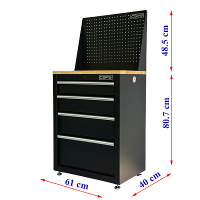 Tủ dụng cụ CSPS 61cm - 04 hộc kéo màu đen chân tăng chỉnh ván gỗ vách lưới (tay cầm trắng)