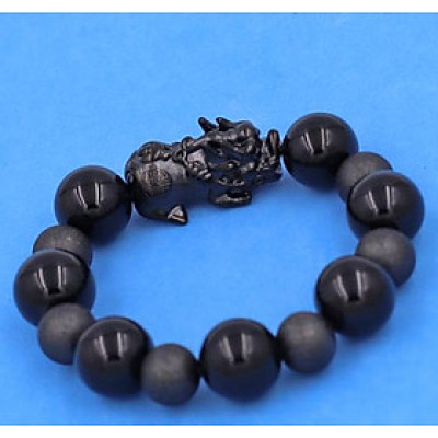 Chuỗi tay Tỳ Hưu inox charm Thạch Anh Đen size 16 ly phối 6 bi - hợp mệnh Mộc, mệnh Thủy - Chuỗi size XXL