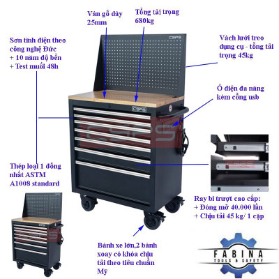 Tủ dụng cụ 7 ngăn kéo , mặt ván gỗ màu đen mờ 76cm kèm vách lưới CSPS