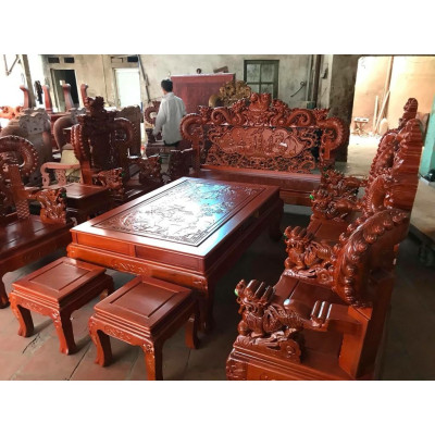 Bộ Bàn Ghế Gỗ Phòng Khách Nghê Đỉnh Bát Tiên Gỗ Cẩm Vàng 10 món Tay Khuỳnh
