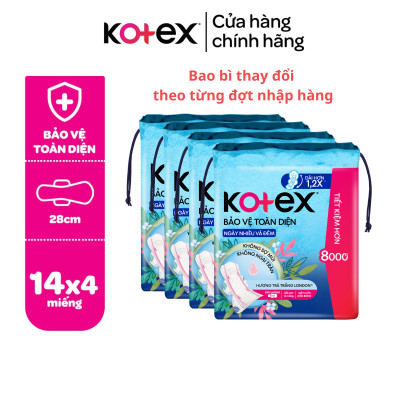 Lốc 4 Gói băng vệ sinh Kotex Bảo Vệ Toàn Diện Ngày Nhiều và Đêm 28cm Siêu Mỏng Cánh 14 miếng/gói [Bao bì thay đổi theo từng đợt nhập hàng]