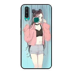 Ốp Lưng in cho Vivo Y15 Mẫu Cô Gái Áo Hồng Nền Xanh - Hàng Chính Hãng