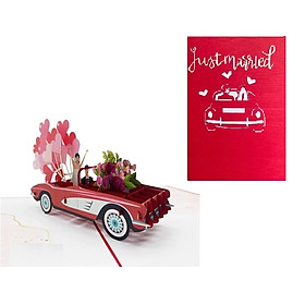 Thiệp 3D Pop Up Xe Cưới Just Married Đỏ – Thiệp Chúc Mừng Đám Cưới, Thiệp Wedding Độc Đáo, W07