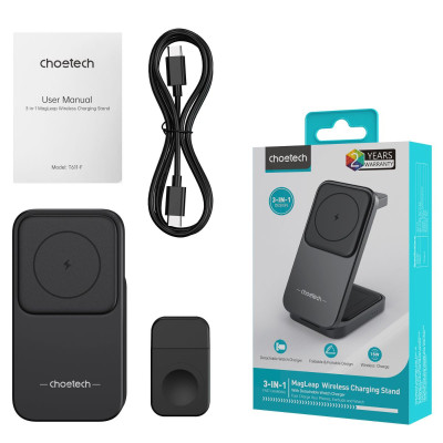 Đế sạc Choetech T611 nhanh Mag-safe 3 in 1 xếp gọn 15W (Hàng chính hãng)