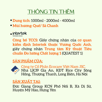 Nước lau sàn Hữu cơ Ecocare đuổi muỗi tinh dầu Quế 2000ml