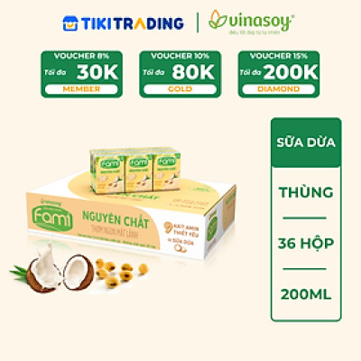Thùng Sữa Đậu Nành Vinasoy Fami Nguyên Chất Vị Sữa Dừa (200ml x 36 Hộp)