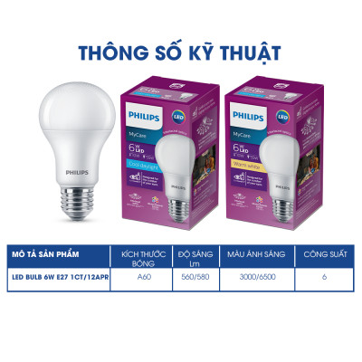 Bóng đèn PHILIPS LEDBULB Mycare A60 -Công suất (4W,6W,8W,10W,12W) bảo vệ mắt