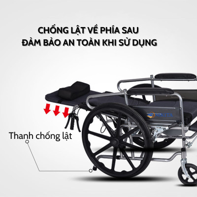 Xe lăn tay ngả giường pittong tích hợp bô vệ sinh, khung xe chắc chắn chịu tải trọng cao, hệ thống phanh trước - sau an toàn, chính hãng Nikita