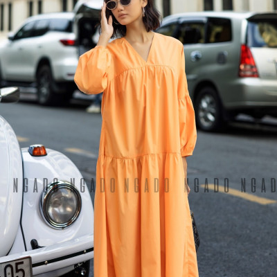 Đầm babydoll cam dài tay NGADO , đầm nữ , Đầm suông , Đầm phom rộng