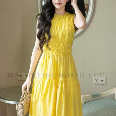 Đầm vàng nhún eo NGADO , đầm dài , đầm sát nách , đầm kiểu Nữ