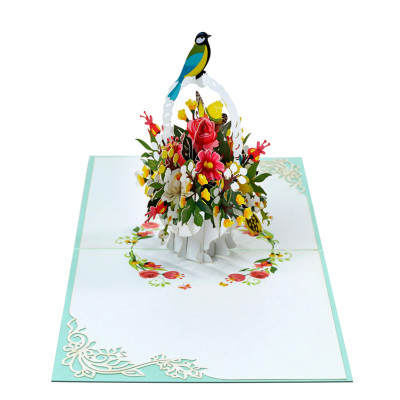Thiệp 3D Pop Up Giỏ Hoa & Chim – Thiệp Hoa Chúc Mừng, Sinh Nhật, Tri Ân, Độc Đáo, F18