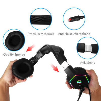 Tai nghe chơi game KUBITE K-15 3.5mm + USB Cắm tai nghe ngoài tai với đèn RGB có thể điều chỉnh âm lượng micrô