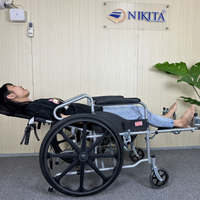 Xe lăn tay ngả giường pittong tích hợp bô vệ sinh, khung xe chắc chắn chịu tải trọng cao, hệ thống phanh trước - sau an toàn, chính hãng Nikita