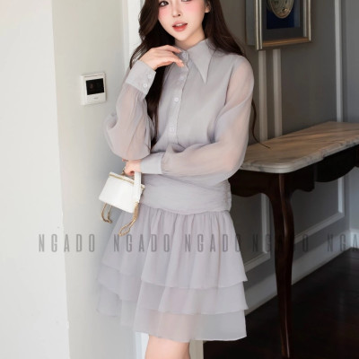Đầm xám phối voan NGADO , đầm sơ mi , đầm dài tay