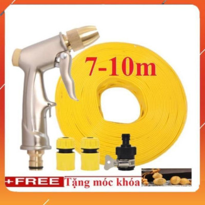 Bộ dây vòi xịt nước rửa xe, tưới cây , tăng áp 3 lần, loại 7m, 10m 206701-1 đầu đồng,cút,nối đen+  móc khoá