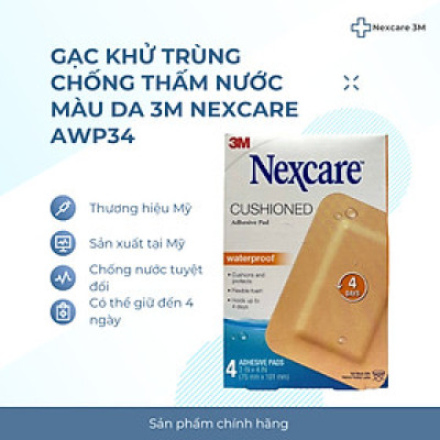 Hộp 4 miếng gạc khử trùng chống thấm nước màu da, có bông thấm hút dịch mủ, cỡ lớn 3M Nexacare Awp34, thương hiệu Mỹ