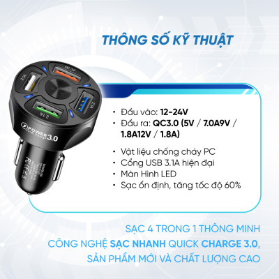 Tẩu Sạc Xe Ô Tô 4 Cổng USB Công Nghệ Sạc Nhanh QC 3.0A | Tẩu Sạc Điện Thoại Dùng Trên Xe Ô Tô 4 Cổng USB Sạc Được Nhiều Thiết Bị Cùng Lúc, Hỗ Trợ Sạc Nhanh QC 3.0A