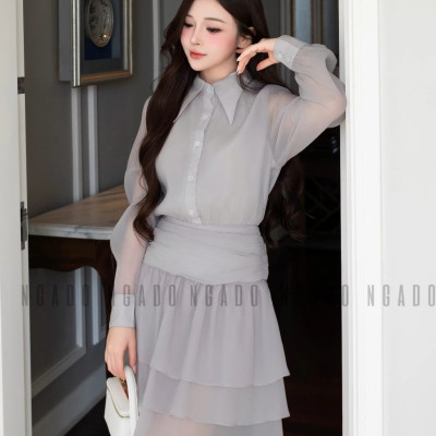 Đầm xám phối voan NGADO , đầm sơ mi , đầm dài tay