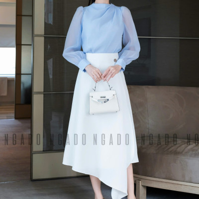 Set áo voan xanh váy trắng NGADO , set áo váy dài , set công sở