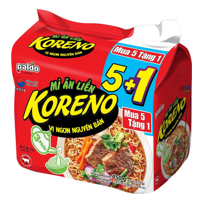 Thùng 6 Lốc Mì ăn liền Koreno Vị Bò Cay Lốc 5 +1 gói