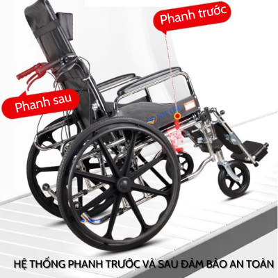 Xe lăn tay ngả giường pittong tích hợp bô vệ sinh, khung xe chắc chắn chịu tải trọng cao, hệ thống phanh trước - sau an toàn, chính hãng Nikita