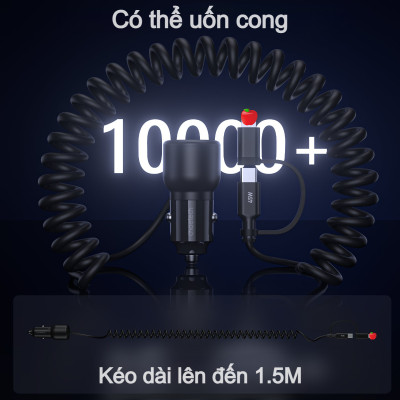 Tẩu sạc nhanh 2 cổng trên ô tô 110W Choetech TC0038 tích hợp cáp lò xo Type C kèm đầu nối IP dài 1.5M (Hàng chính hãng)