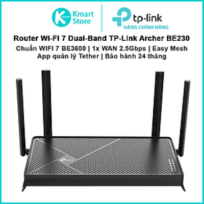 Bộ phát Router WIFI 7 TP-Link Archer BE230 | Chuẩn WIFI 7 băng thông BE3600 / 2 băng tần 2.4 & 5.0 GHz | EasyMesh | Phủ sóng rộng | Bảo hành 2 năm | Hàng Chính Hãng