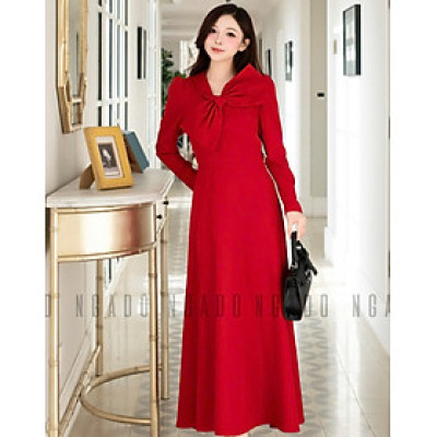 Đầm đỏ cổ phối nơ NGADO , đầm dự tiệc dáng dài