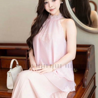 Chân váy dập ly hồng NGADO , chân váy xòe dáng dài