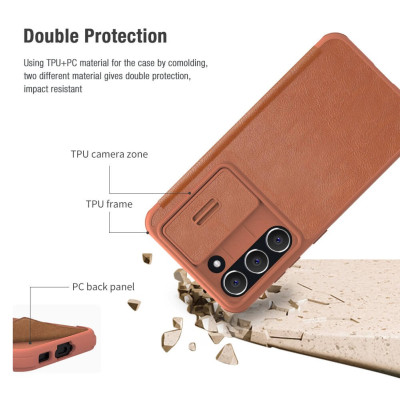 Bao Da Bò Thật Dành Cho Samsung Galaxy S23 Ultra, S23, S23 Plus Chính Hãng Nillkin Qin Cao Cấp Chống sốc, có ngăn cài thẻ - Hàng Chính hãng