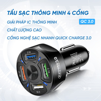 Tẩu Sạc Xe Ô Tô 4 Cổng USB Công Nghệ Sạc Nhanh QC 3.0A | Tẩu Sạc Điện Thoại Dùng Trên Xe Ô Tô 4 Cổng USB Sạc Được Nhiều Thiết Bị Cùng Lúc, Hỗ Trợ Sạc Nhanh QC 3.0A