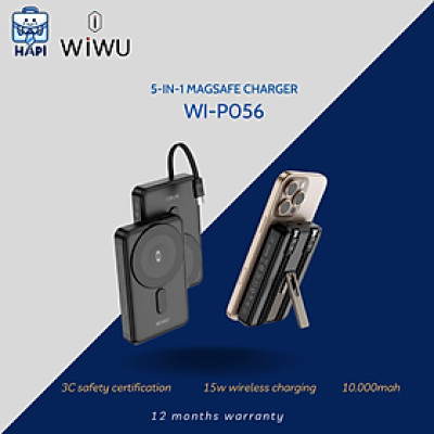 Sạc dự phòng hàng chính hãng WiWU Elite 5-in-1 Wi-P056: Tích hợp cáp C, L, sạc không dây từ tính kiêm giá đỡ