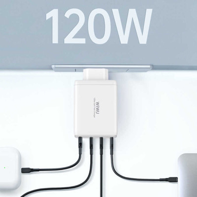 Adapter củ cóc sạc nhanh 120W đa năng 4 in 1 gồm 1 USB A và 3 PD Type-C hiệu WIWU Mini GaN Quick Charger chuẩn sạc nhanh PD 3.0 & QC 4.0 (công nghệ GAN + Silic, chip sạc thông minh, công nghệ tản nhiệt mới, chân cắm US-UK) - Hàng nhập khẩu