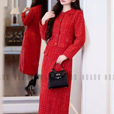 Set áo váy tweed đỏ NGADO , set áo kèm chân váy dáng dài