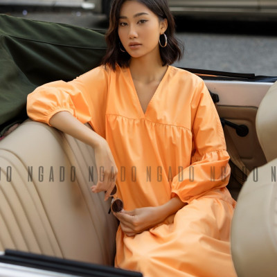 Đầm babydoll cam dài tay NGADO , đầm nữ , Đầm suông , Đầm phom rộng
