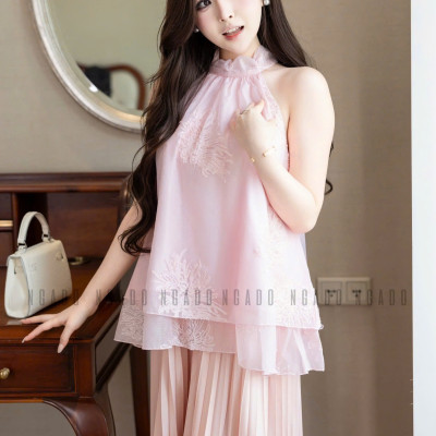 Chân váy dập ly hồng NGADO , chân váy xòe dáng dài