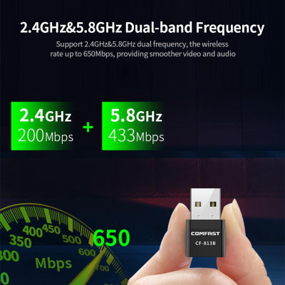 Thẻ mạng không dây USB băng tần kép 2,4 & 5,8 GHz BT COMFAST CF-813B 650M